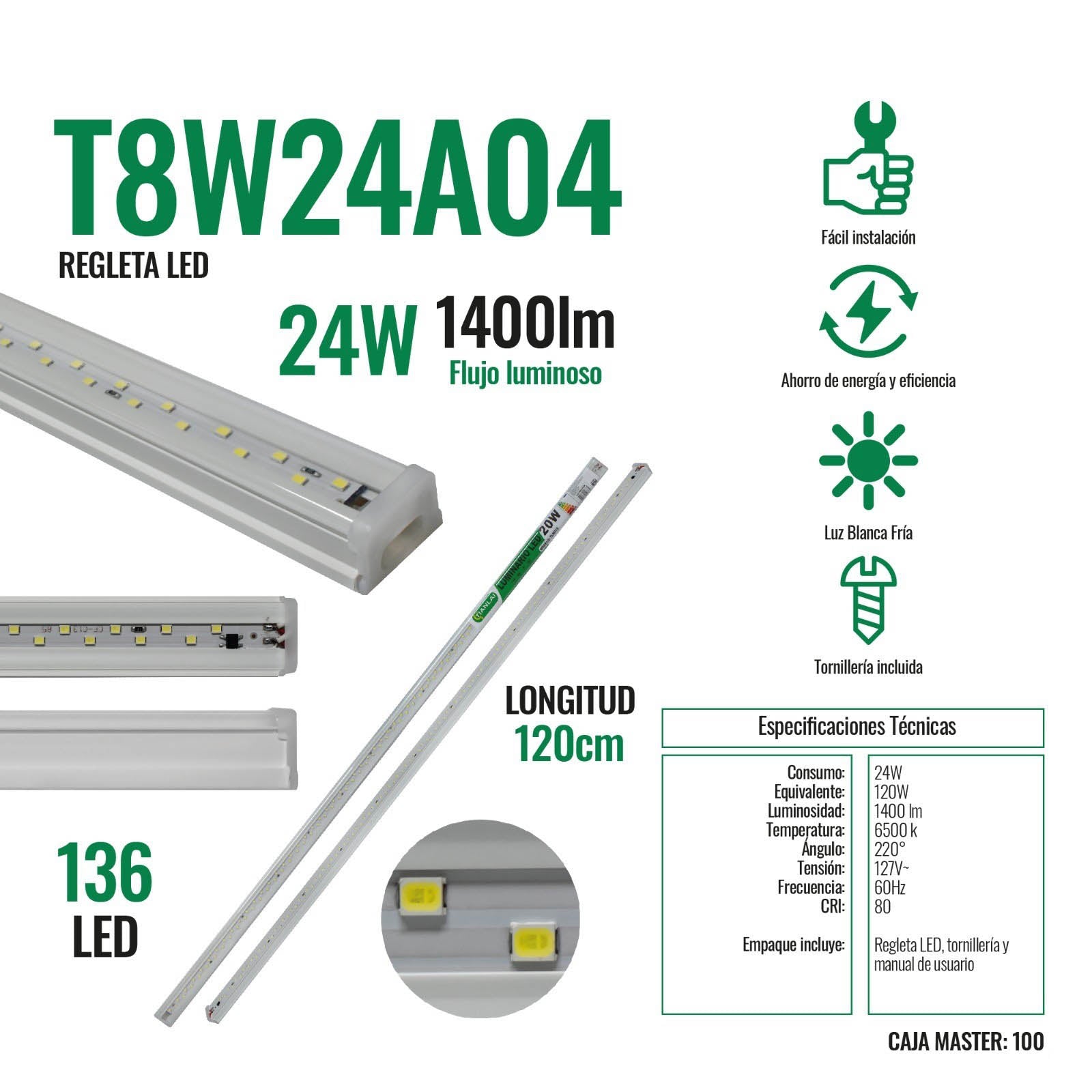 5p Regleta Doble Led 20w Tubo C/ Base Integrada Luminario