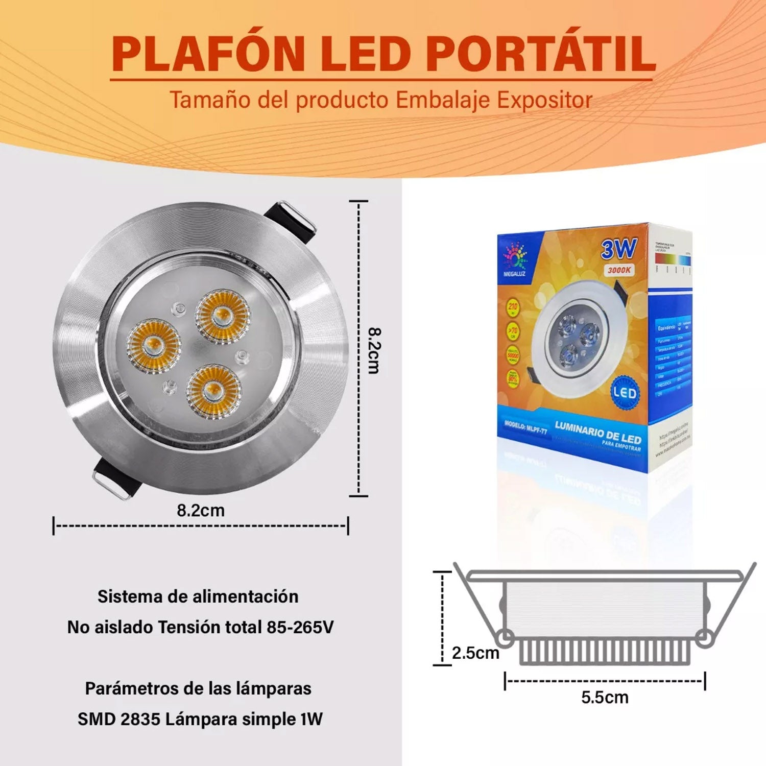 Empotrado Plafon Led 3w Spot Luz Calida 120° 3000k 210lm