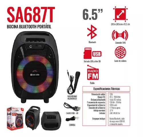 Bocina Portatil Conexion Bluetooth Karaoke Microfono 6.5puLG Color Negro