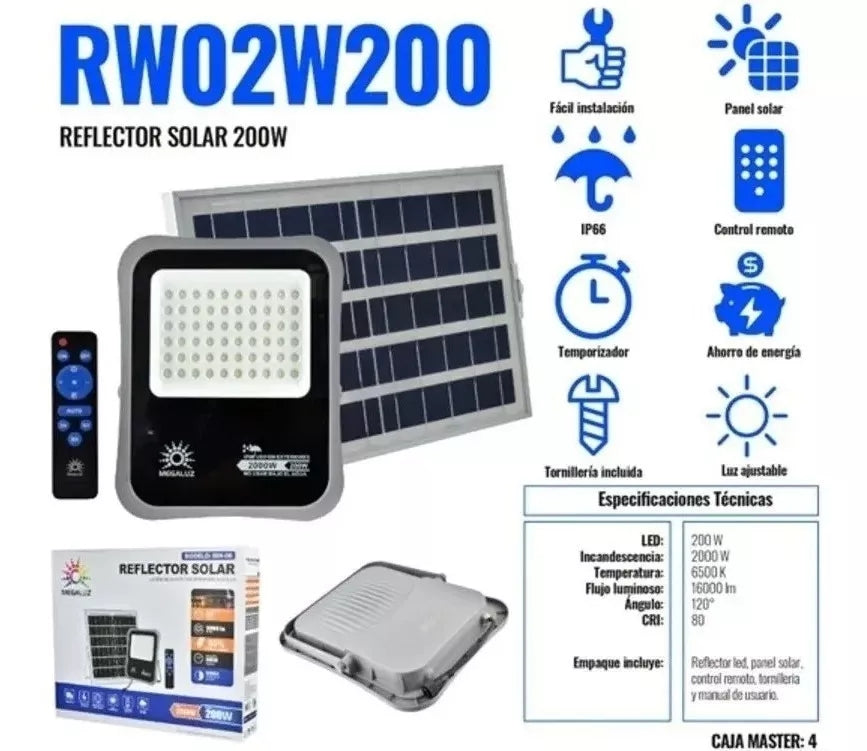 Reflector Led Solar 200w Ilumina 2000w 16000lm Ip66 Control Color de la carcasa Gris Color de la luz Blanco frío